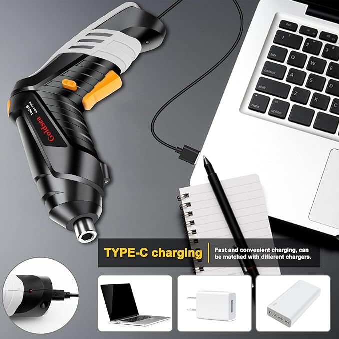 Electric Screwdriver Goldsea 4.2V Cordless Screwdriver 3.5N.m 1500mAh Type-C Charging 10pcs Screwdriver Bits 1/4” Hex Chuck 90°/180° deformation handle Forward and reverse adjustment LED Light
