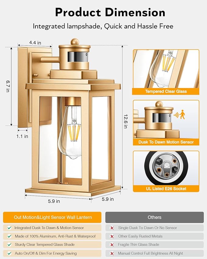 VIANIS Motion Sensor Outdoor Wall Lights Sconce, 2 Pack Dusk to Dawn Outdoor Light Fixture, Gold Waterproof Outdoor Motion Sensor Light for House, Doorway, Entryway, Garden,Hardwired, Non-Solar