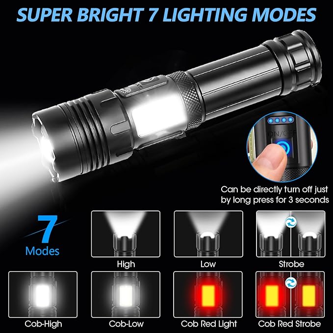 Rechargeable Flashlights High Lumens, 7 Mode Red Flashlight Rechargeable with Side Work Light, Super Bright Tactical Flashlight, High Powered Linternas LED Flashlight for Home Camping 2Pack