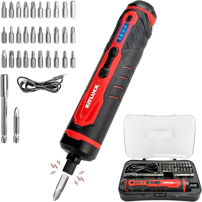 Electric Screwdriver, 4V Power Cordless Screwdriver Rechargeable Set with Li-ion Battery, 31 Bits&Extension Rod, 3 LED, 3 Adjustable Torque, Magnetic Hex Chuck, Mini Electric Screw driver Kit