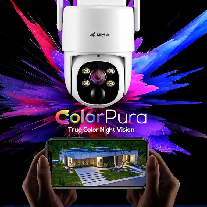 Kittyhok Outdoor Solar Security Camera System Wireless | 4pcs 2K Solar PTZ Security Camera, Pro Color Night Vision, Human Detection, 360 Viewing | 10CH NVR with 10'' HD Monitor, 60 Days Local Storage