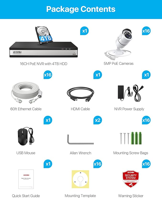 ZOSI 16Channel 4K PoE Home Security Cameras System,8MP 16CH H.265 CCTV NVR with Hard Drive 4TB and 16 x 5MP Surveillance PoE IP Cameras Indoor Outdoor,120ft Night Vision,Remote Access,24/7 Recording