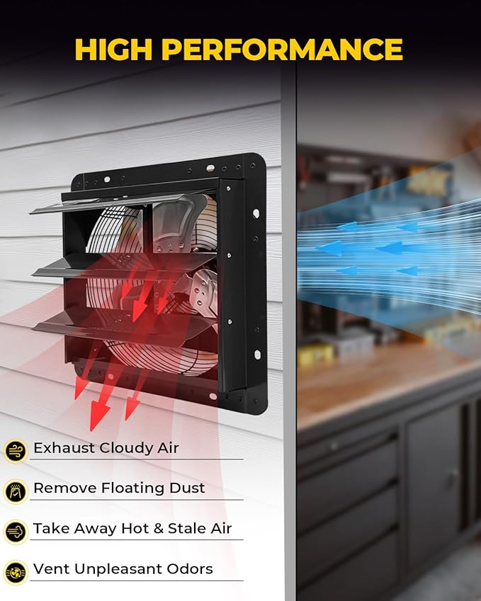 VENTISOL 14 Inch Shutter Exhaust Fan Wall Mounted, Aluminum Blades, with 1.65 Meters Power Cord Kit, Max.1950CFM, Ventilation Fan for Garage,Greenhouse,Attic,Shed,Shop-Black