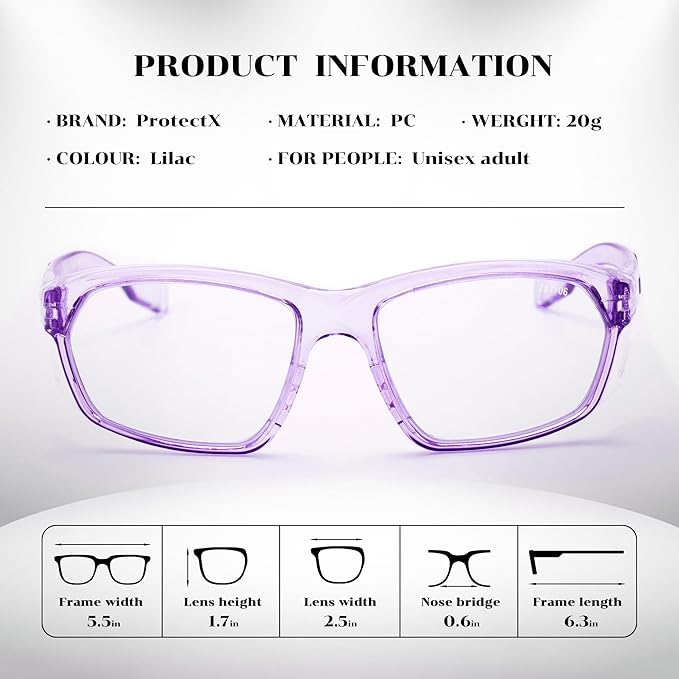 ProtectX Stylish Anti-Fog & Scratch-Resistant Safety Glasses, UV Protection Goggles, Anti-Impact Lightweight Glasses for Men＆Women Lilac Clear - 6 Pack
