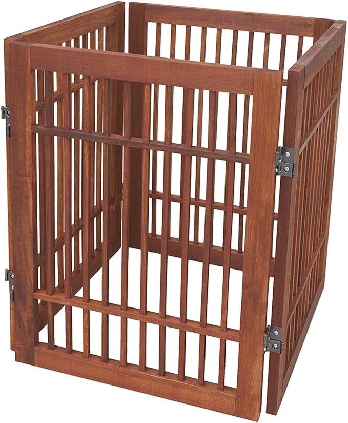 Pet Dog Gate Strong and Durable Freestanding Folding Acacia Hardwood Portable Wooden Fence Indoors or Outdoors by Urnporium (Brown Pet Gate, 4 Panel 24" Tall)