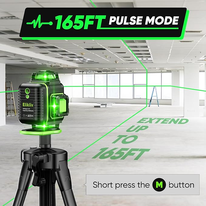 Laser Level 360 Self Leveling with Tripod, Elikliv 4D Laser Level, 165Ft Green Laser Level Lines Tool, 4x360° Cross Line Laser for Construction, Picture Hanging, Floor Tile, Renovation