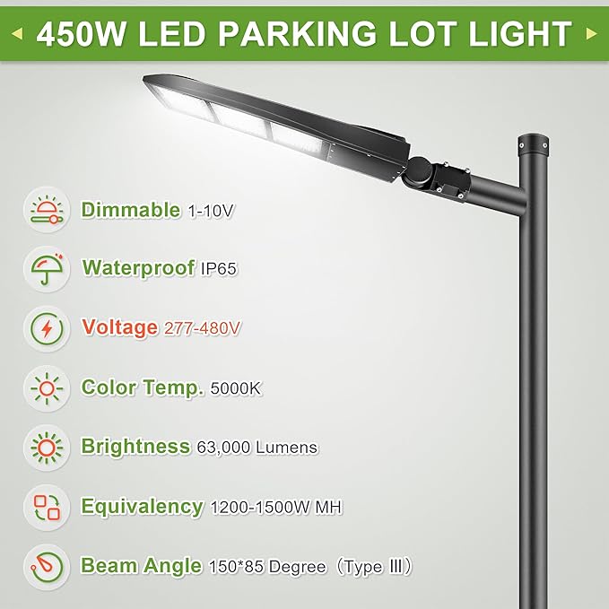 480V 450W LED Parking Lot Pole Light, LED Area Shoe Box Light for Sport Court Parking Lot Street Areas 63000LM 1500W MH/HPS Equiv. 5000K 480V DLC UL Certified