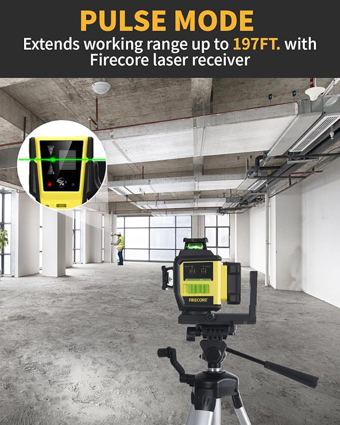 Firecore Laser Level 360 Self Leveling with Tripod, ±2mm High Accuracy, Outdoor Pulse Mode to 197 Ft, Green Cross Line Lazer Leveler Tool for Construction, 2 Rechargeable Batteries, 60" Tripod