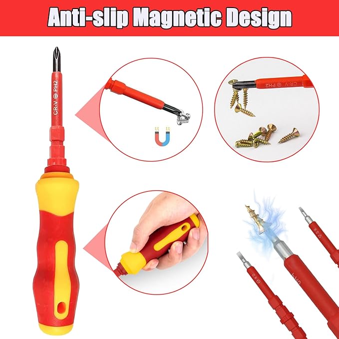 Insulated Electrician Screwdriver Set - 14 in 1 Magnetic Screwdriver Tool Kit Electrical Multifunctional Interchangeable CR-V Screwdrivers with Soft-Grip Screw Drivers