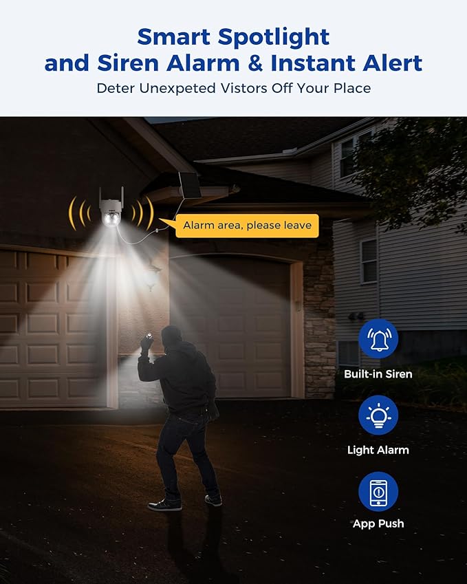 Wireless Solar Security Camera System, 【No Monthly Fee】 Solar-Powered Home Security Cameras System with 360° Pan & Tilt, PIR Motion Detection, 4MP Color Night Vision, 1T HDD