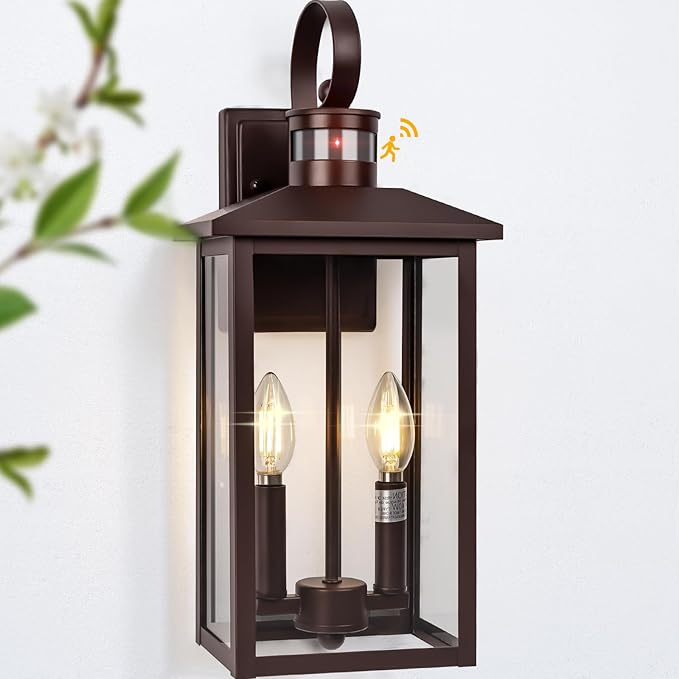 Large Exterior Sconce Motion Sensor, 18" Bronze Dusk to Dawn Exterior Light, 2-Light Brown Outdoor Light Fixture, Aluminum Outdoor Dusk to Dawn Light with E12 Socket for Porch, House, Door, Garage
