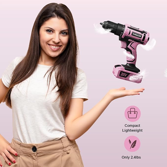 Pink Cordless Drill Set, Double 2000mAh Power Pack Electric Power Drill for Women, 20V Lightweight Electric Screwdriver Driver with Power Pack & Charger, 3/8" Keyless Chuck, Womens Tool Kit for House