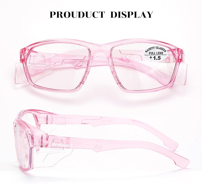 ProtectX Stylish Anti-Fog & Scratch-Resistant Safety Glasses With Readers, UV Protection Goggles, Anti-Impact Lightweight Glasses for Men＆Women Pink Reading 1.5