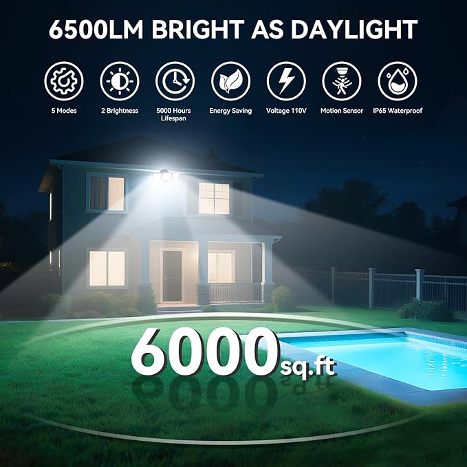 LED Security Lights Motion Sensor Outdoor Lights, 5000K Daylight, IP65 Waterproof, Dusk to Dawn, 3-Head Motion Detected Flood Light for Garage, Yard, Porch