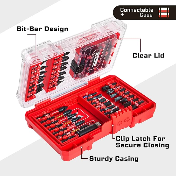 65Pieces Impact Screwdriver Bits Set, Magnetic S2 Steel Phillips/Slotted/Square/Torx Insert Power Bits Tips, Impact Bit Holder with Red Storage Box Case