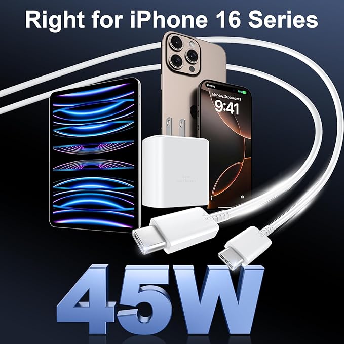 Phone 16 Pro Max Charger Fast Charging, 45W USB C Phone 16 Super Fast Charger Block with 6.6FT Long Type C Charging Cable Cord for Phone 16/16 Pro/16 Pro Max/16 Plus, 15/15 ProMax/Pro/Plus-2pack white