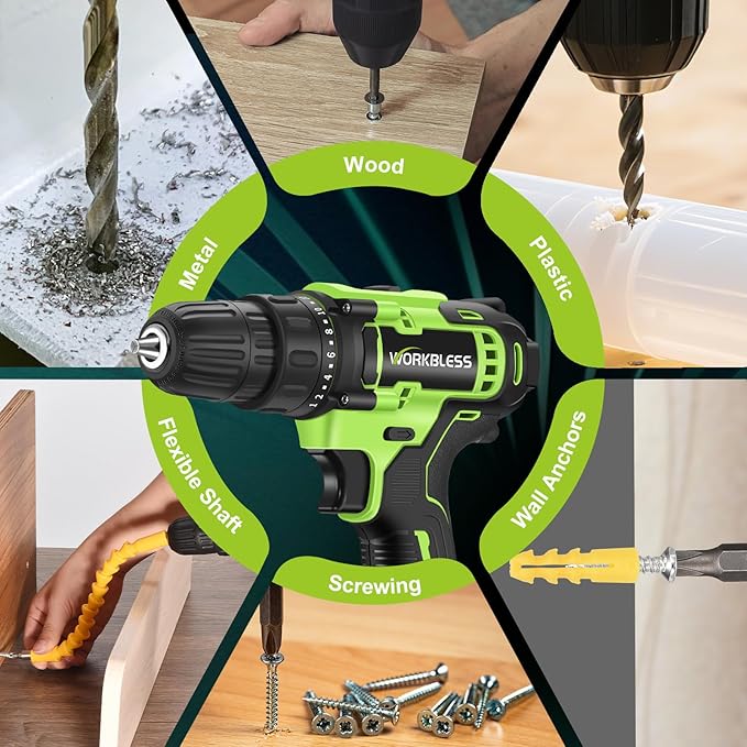 WORKBLESS 21V Power Drill Set, Cordless Drill with Battery and Charger, 3/8'' Keyless Chuck, Variable Speed, 18+1 Torque Setting and 28pcs Drilling/Driver Bits Tool Set(Green)