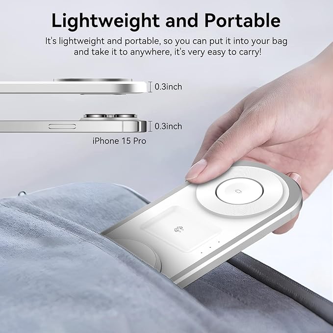3 in 1 Wireless Charger for iPhone, Foldable Charging Station for Magsafe for iPhone 16/15/14/13/12/Pro Max/Pro/Mini/Plus, Apple Watch 10/9/8/7/SE/6/5/4/3/2/1/Ultra2/Ultra, AirPods pro/2/3/4 (Silver)