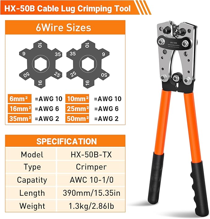 Kuject Battery Cable Lug Crimping Tool Kit with Copper Wire Lug AWG 1 2 4 6 8 1/0 Gauge, Wire Crimper for AWG 10-1/0 with Cable Cutter, 110PCS Battery Cable Ends with 110PCS 3:1 Heat Shrink Tubing