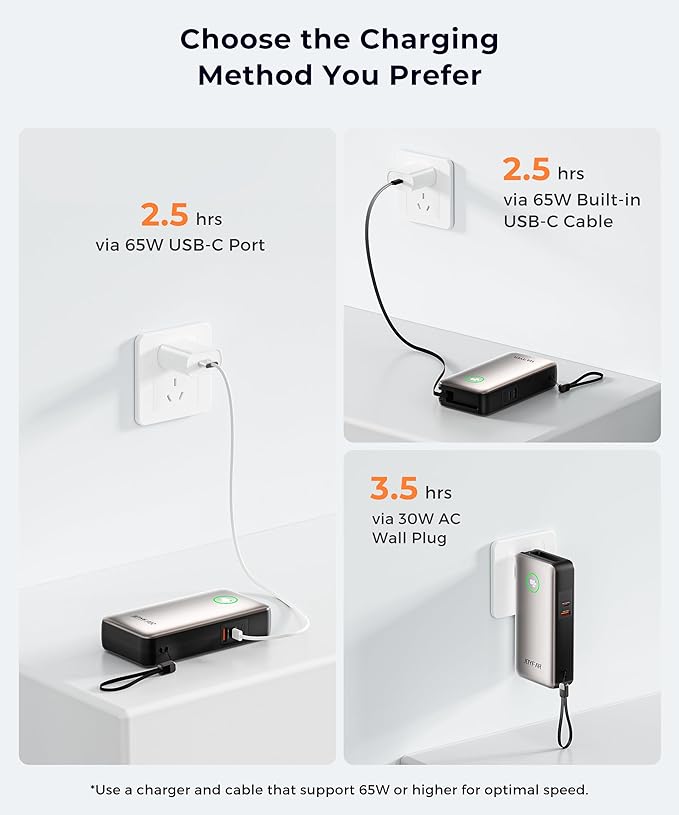 Portable Charger Power Bank - Laptop Battery Pack 65W AC Plug GaN 25000mAh Built in Cable USB C Phone Fast Charging Compatible with iPhone 16 15 14 13 12 11 X iPad MacBook Samsung (Gold)