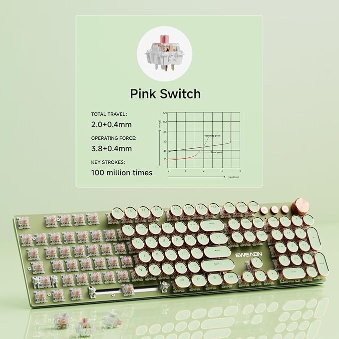 EWEADN V20 Typewriter Keyboard Wireless, 104 Keys Typewriter Style Mechanical with White Backlit, Media Knob, Pink Switch 2.4G/Bluetooth/USB-C Wired Retro Full Size Keyboard for Windows/Mac/PC-Green