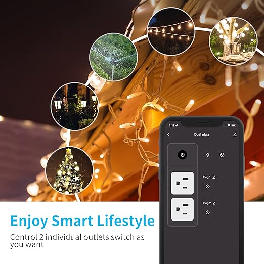 15A Outdoor Smart Plug, Heavy Duty Smart Home Wi-Fi Outlet Timer, Outlet with 2 Sockets, Wireless Remote Control, Compatible with Alexa & Google for String Light and Motors, 2.4 GHZ, Black