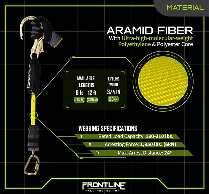 Frontline RPA12R 12' Aramid Web Single Leg SRL with Steel Rebar Hook | Lightweight, Durable & Compact | 310 lbs Capacity | Aramid Fiber Webbing | ANSI & OSHA Compliant | ISO Lab Tested (2 Pack)