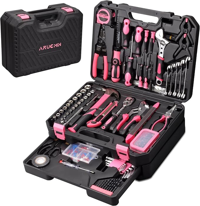 450 Piece Pink Tool Set with Chrome-Vanadium Steel Tools - Home, Car & Workshop Repair Kit for Women, Non-Slip Grip, Snap -Tight Toolbox with Drawer