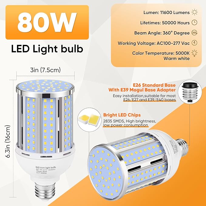 80W LED Corn Light Bulb(5 Pack),(800 Watt Equivalent) Fanless E26/E39 Medium/Large Mogul Base LED Cob Lamp 5000K Daylight 11,600LM for Outdoor Indoor Garage Warehouse Factory Workshop Street Backyard