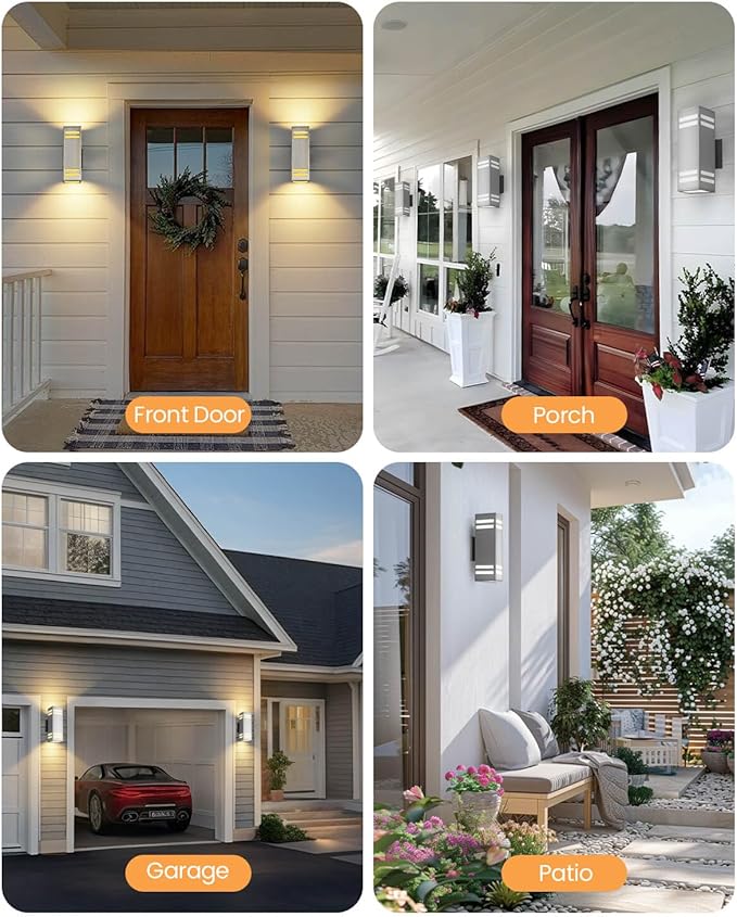 SHIMR Dusk to Dawn Outdoor Lighting 2 Pack, Up and Down Lights Stainless Steel Exterior Light Fixture with Photocell Sensor, Waterproof Modern Outside Lights for House Garage Porch, LED Bulbs Included