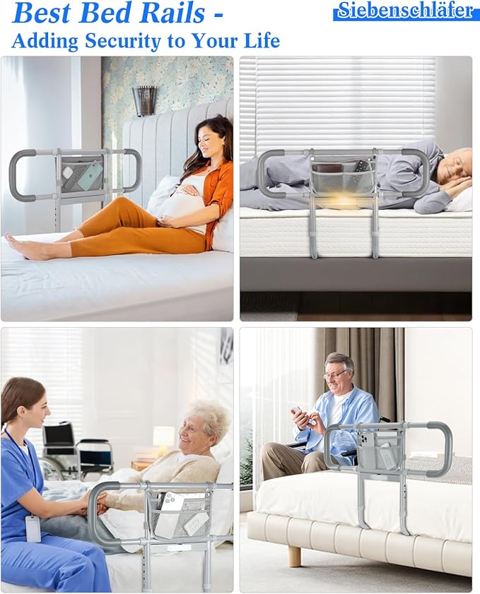 Bed Rails for Elderly Adults Safety, Extended Bed Assist Rail for Seniors with Motion Sensor Light - Adjustable Side Bed Guard Rails Handle Support Bar with Storage Bag, Fit King Queen Full Twin Bed