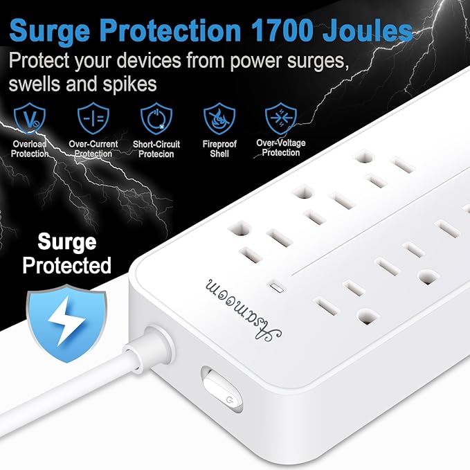 25FT Surge Protector Power Strip Extension Cord with USB C, Asamoom Flat Plug Power Strip with Long Cord, 8 Outlets and 4 USB Port,1700J Surge Protector for Home Office White, ETL Listed