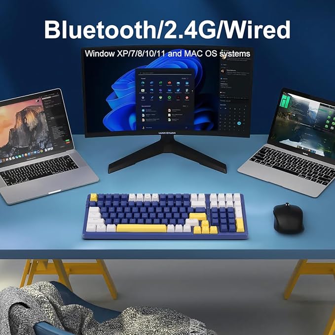 Wireless Mechanical Keyboard, Triple Mode 2.4G/USB-C/BT Gaming Keyboards 100 Keys Ice-Blue Backlit, Brown Switch Keyboard | Rechargeable Mechanical Gaming Keyboards | Blue/White/Yellow