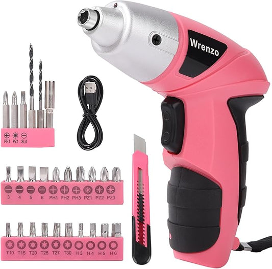 Electric Screwdriver, 3.6V Cordless & Rechargeable Screwdriver Set, 28pc Drill Set with Led Lights, USB Charging Cable, Tool Knife, Pink