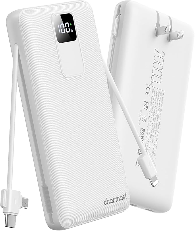 charmast 20000mAh Portable Charger with Built-in Cables & Wall Plug, 20W USB C Power Bank, Fast Charging Battery Pack Travel Essentials Compatible with iPhone 16/15/14 Series, Samsung, Google, iPad