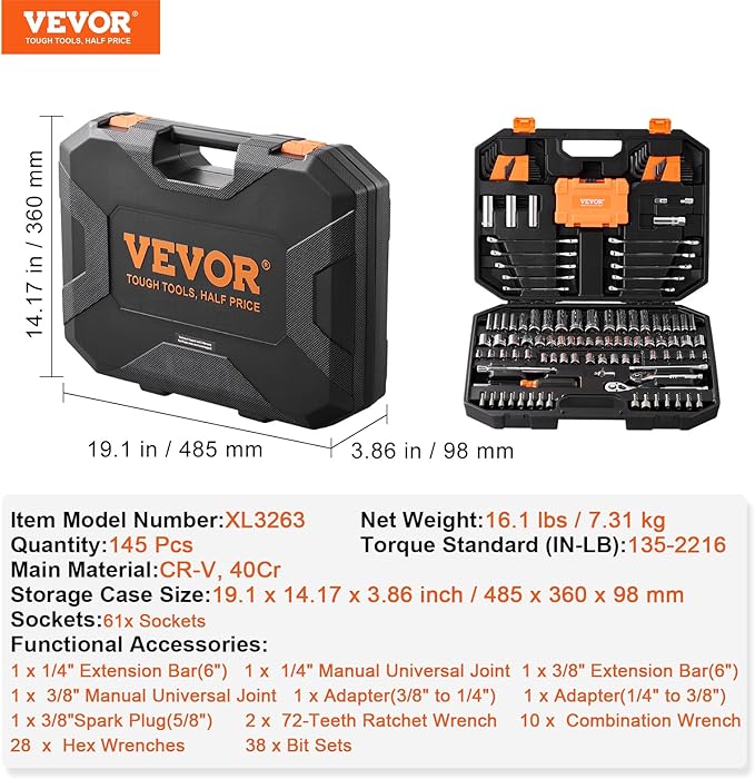 VEVOR Mechanics Tool Set, 145-Piece, Chrome Vanadium Steel, Polyethylene, SAE/Metric Sockets, Combination Wrench, Hex Wrenches, Accessories, Storage Case