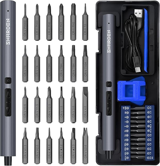 SHARDEN Mini Electric Screwdriver, 29 in 1 Small Electric Screw Driver Kit with 24 Magnetic Bits, Precision Cordless Repair Tool for Phone, Camera, Laptop, Watch