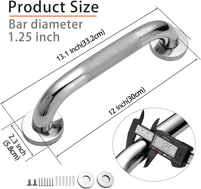 Shower Grab Bar, 2 Pack 12 Inch Bathroom Grab Bar, 304 Stainless Steel 1.25" Diameter Anti-Slip Handicap Grab Bar Support Shower Rail Senior Handrail Shower Safety Bar Handle