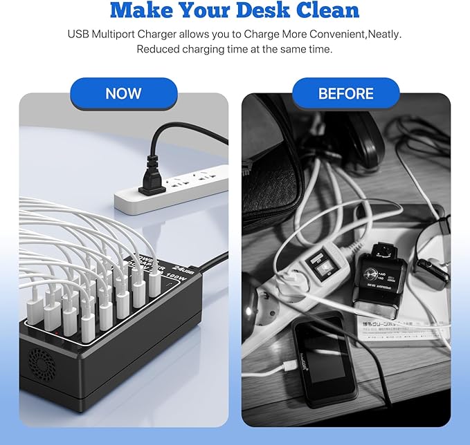 USB Charger Station, C Charging Block, 100W (20A) 24 Port Multiple USBCharger Desktop Wall Charger Hub 12 USB A 12 USB C Compatible for Apple iPhone, iPad, Samsung Galaxy, Laptop, Pixel, Phones