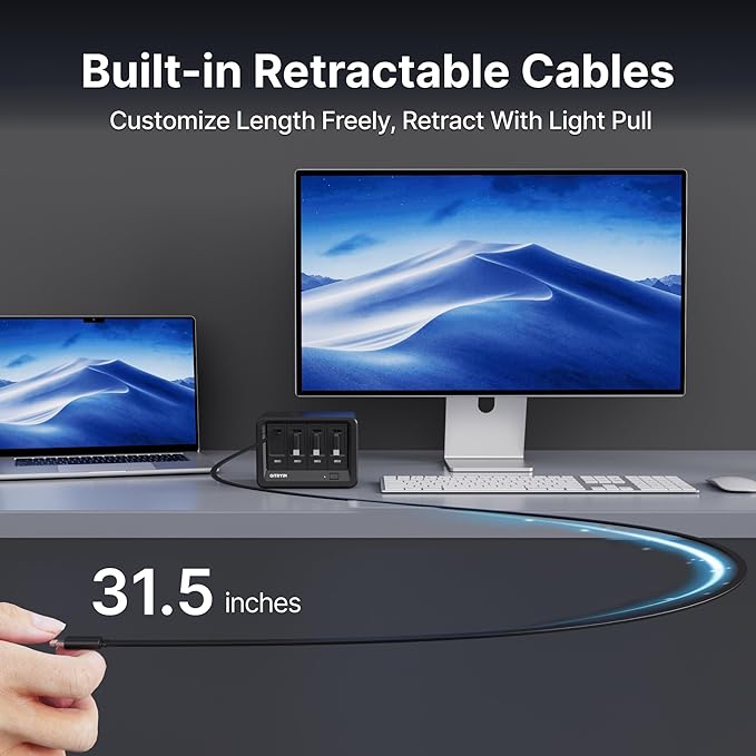 12-in-1 Desktop Charging Station with 3 Retractable Type-C Chargers and 1 Lightning Charger, 40W USB-C Power Strip with Flat Plug, Extension Cord with 1020J Surge Protection for Home Office