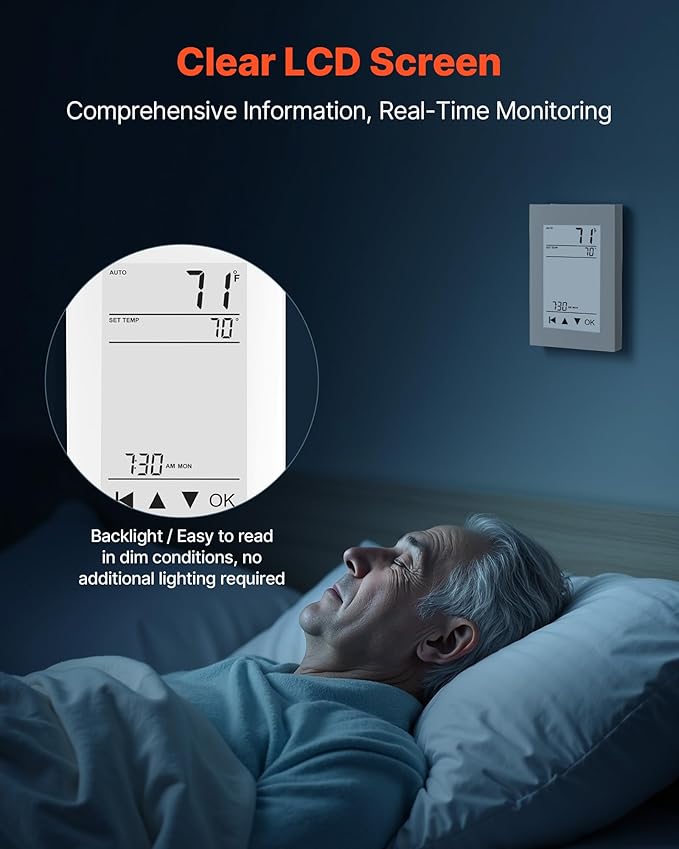 VEVOR 7-Day Programmable Thermostat, Home Thermostats for Radiant Underfloor Heating Cable, Heat Pump, with GFCI & Sensitive Sensor, LCD Touchscreen, Energy-Efficient, Gray-White (Without WiFi)