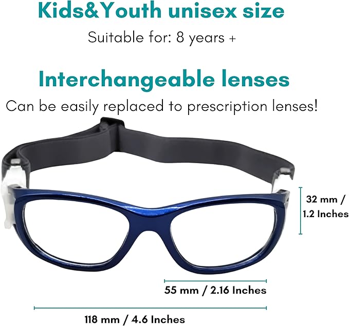 BLUE CUT Safety Basketball Goggles For Kids for Outdoor Sports Activities Anti Fog Replaceable to Prescription Lenses