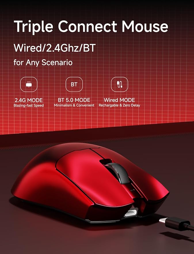 S9 Ultra Wireless Gaming Mouse, 59G Ergonomic Computer Mouse, Triple Modes, 8K Polling, PAW3950 42K DPI Optical Sensor, Kailh Switch, 250h Battery Life, Programmable for PC/Win/Mac(Red)