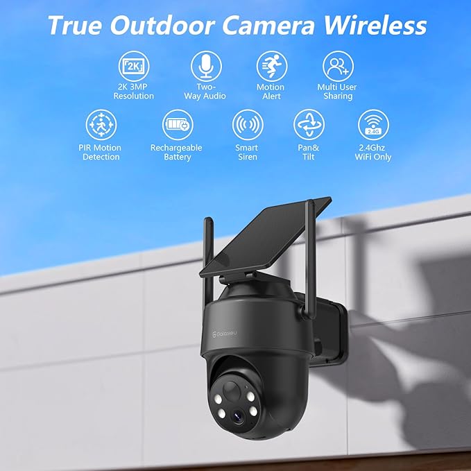 GALAYOU 2K Cameras for Home Security-2.4G WiFi Outdoor Camera Wireless Solar/Battery Powered, 360° PTZ Color Night Vision, PIR Detection, SD/Cloud Storage, Waterproof, Work with Alexa, R1 2P Black