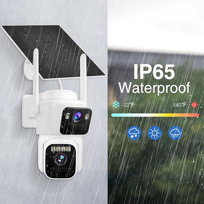 Dual Lens Dual Screen 2K Solar Security Camera Wireless Outdoor 360° View Battery Powered Camera with Spotlight Color Night Vision, PIR Sensor WiFi Home Security System