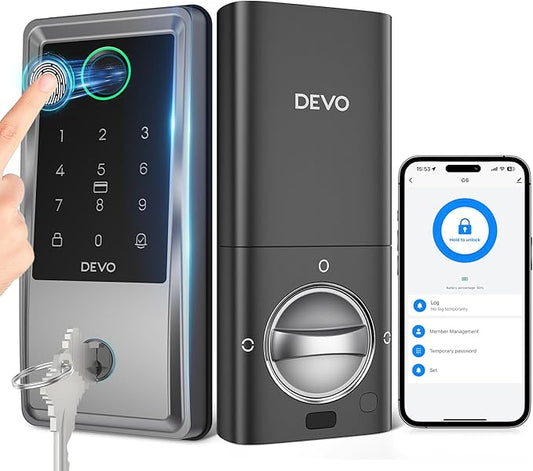DEVO G6 Smart Lock,Fingerprint Wi-Fi Deadbolt Smart Locks,Touchscreen Keypad Keyless Entry Doors Lock,APP Remote,Auto-Lock,Easy Install Front Door Locks,IP54Waterproof(Gray)