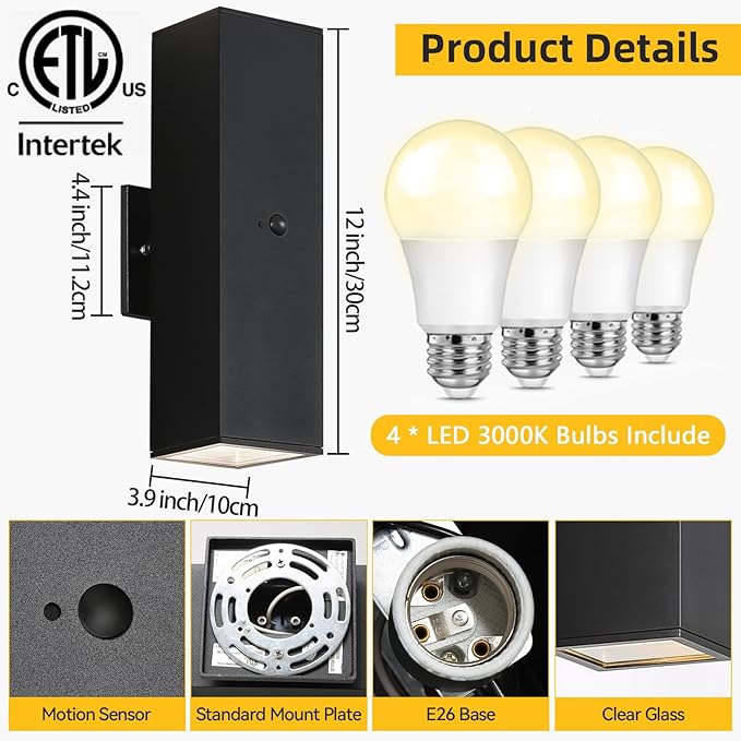 SHlMR Motion Sensor Porch Light 2 Pack, Dusk to Dawn Outdoor Light Fixture Wall Mount with Bulbs Include, Black Outdoor Sconce Lights Aluminum, Modern Up and Down Outside Lights for House, ETL Listed