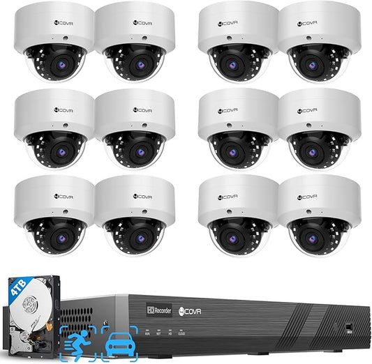 4COVR 16 Channel PoE Security Camera System AI Human/Vehicle Detection, 12Pcs IK10 Vandal-Proof 5MP Wired Commercial Dome IP Camera IP67, 16CH 4K NVR 4TB, Business Surveillance Outdoor, LY54AX5M1612