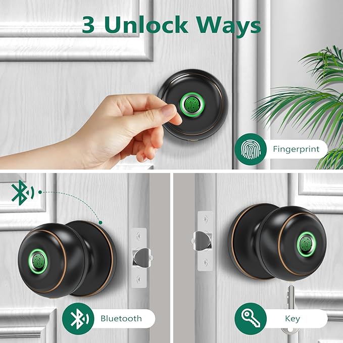GeekTale Fingerprint Door Lock for Bedrooms, Fingerprint Door Knob with Lock, Smart Door Lock, App Control, Back-up Keys, Thumbprint Door Knob for Bedrooms, Office, Apartment