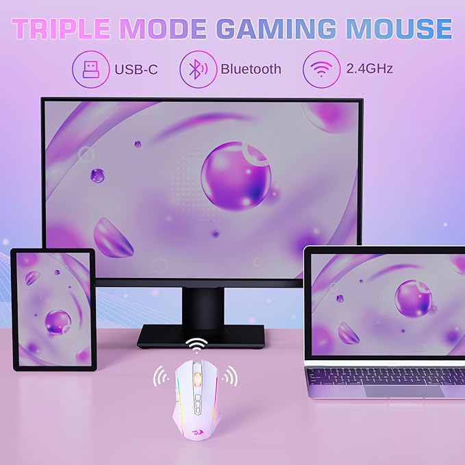 Redragon Wireless Gaming Mouse, Tri-Mode 2.4G/USB-C/Bluetooth Mouse Gaming, 12000 DPI, RGB Backlit, Fully Programmable, Rechargeable Wireless Computer Mouse for Laptop PC Mac, White